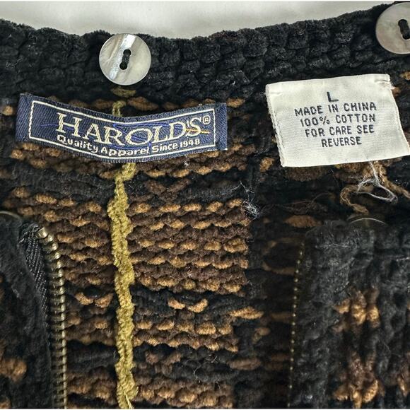 Vintage Harold's Size Large Woven Knit Vest Black Brown Full Zip Retro Hipster - Picture 10 of 13